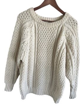 Gaeltarra Fisherman Sweater Mens M L 44 Cream Wool Cable Hand Knit Made Ireland